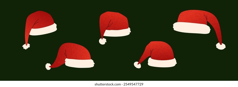 Cute cartoon Santa hat with soft details and halftone set. Classic Xmas cap for holiday icons. Flat vector illustration isolated on white background.