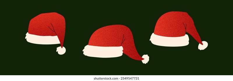 Bonito desenho animado Santa chapéu com detalhes suaves e meio-tom definido. Clássico Xmas cap para ícones de feriado. Ilustração de vetor plano isolada em fundo branco.