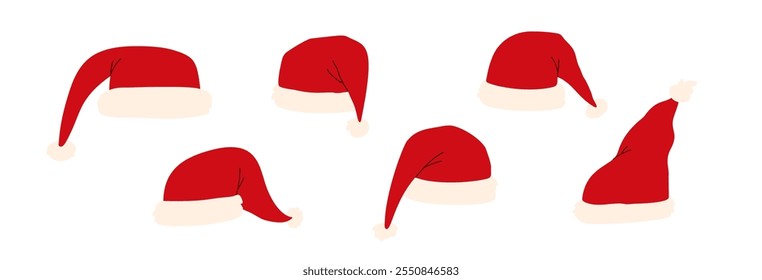 Cute cartoon Santa hat with soft details set. Classic Xmas cap for holiday icons. Flat vector illustration isolated on white background.