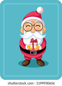 Cute Cartoon Santa Holding Christmas Present. Funny Santa Claus with small gift box vector illustration
