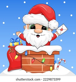 Cute cartoon Santa with letter and bag in chimney. Christmas illustration on a blue background with snow.