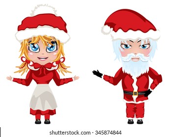 Cute cartoon Santa and Mrs Claus in red Christmas suits.