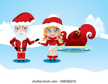 Cute cartoon Santa and Mrs Claus in red Christmas suits.