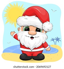 Cute cartoon Santa on the beach waving his hand. Summer funny vector with sun on the sea, palm trees.