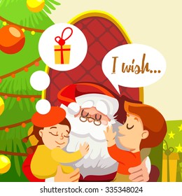 Cute cartoon santa sitting in big armchair with little boy and girl telling him about their wishes.
Vector illustration