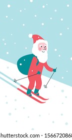 Cute cartoon Santa skiing down a mountain slope