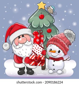 Cute Cartoon Santa and snowman in a pink hat near Christmas tree