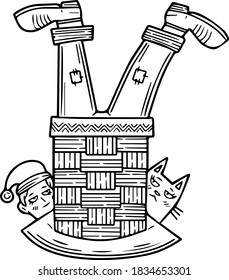 Cute cartoon Santa stuck in the chimney. Single design element. Clipart. Children's coloring. Line art, contour. Christmas theme, New Year, Winter. Scandinavian. Isolated on a white background.