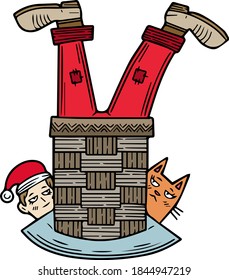 Cute cartoon Santa stuck in the chimney. Single design element. Clipart. Christmas theme, New Year, Winter. Scandinavian. Isolated on a white background. Postcard, sticker, advertising. Bright colors.