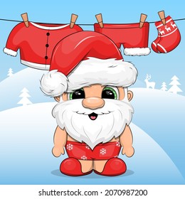 Cute cartoon Santa in underwear and hat dries clothes on the clothesline. Winter funny vector illustration.