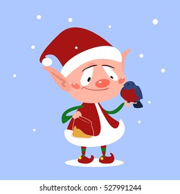 Cute Cartoon Santa's Helper with Bird Sitting on Hand and Pack of Bird Food