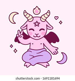 Cute cartoon Satan drawing, kawaii pink devil with pentagram, fire and crescent moons. Little Baphomet, satanic symbol vector illustration.