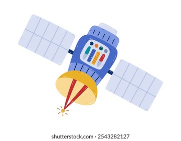 Cute cartoon satellite flying in outer space in childish style. Hand drawn space probe for transferring signal, data, information. Simple clipart of spacecraft isolated on white background.