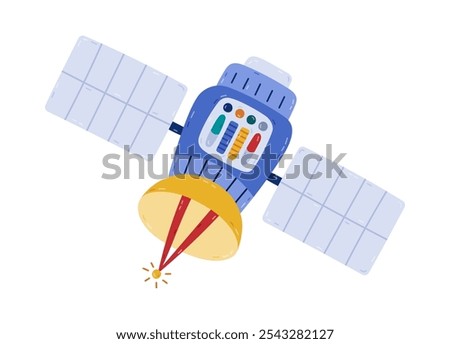 Cute cartoon satellite flying in outer space in childish style. Hand drawn space probe for transferring signal, data, information. Simple clipart of spacecraft isolated on white background.