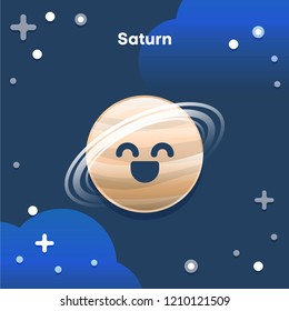 Cute cartoon Saturn planet with funny face. Vector graphic