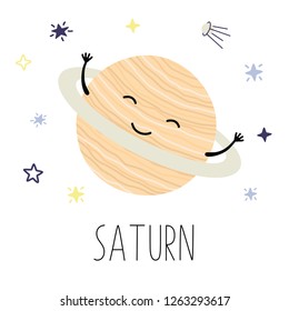 Cute cartoon Saturn, planet, vector character, Solar system.