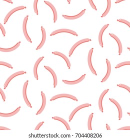 Cute cartoon sausages seamless vector pattern. Pink meat red-hots on white background for package paper bags.