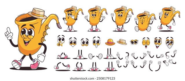 Cute Cartoon Saxophone Musical Character Showing Various Expressions And Movable Limbs For Animation Projects