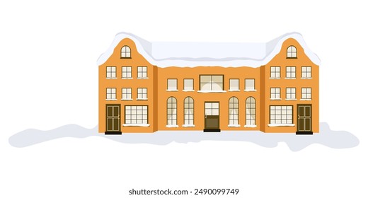 Cute cartoon Scandinavian houses with windows, curtains. All around snowdrifts. Snowy weather in winter town. Flat hand drawn vector illustration for social media, cards, banners, posters, wall decor