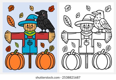 Cute cartoon scarecrow coloring page for kids, autumn, fall coloring pages for kids