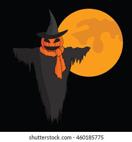 Cute cartoon Scarecrow with witch hat and a scarf  on black background with moon.