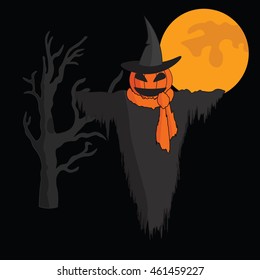 Cute cartoon Scarecrow with witch hat and a scarf on black background with moon and tree.