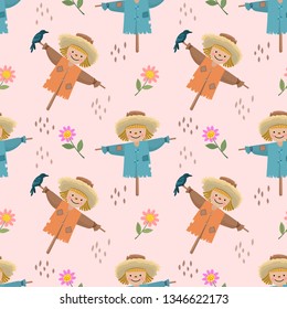 Cute cartoon scarecrows and flowers seamless pattern.