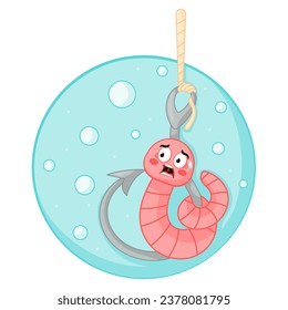 Dibujo lindo, personaje de lombrices de tierra asustado sentado en un anzuelo de pesca bajo el agua, concepto de insectos para los niños