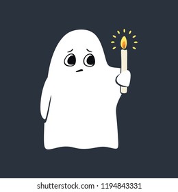 Cute cartoon scared ghost holding a candle in darkness. Halloween character drawing. Flat graphic vector design isolated against gray background. 
