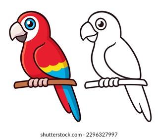 Cute cartoon scarlet macaw parrot drawing  Colorful red bird   black   white line art  Simple vector clip art illustration 