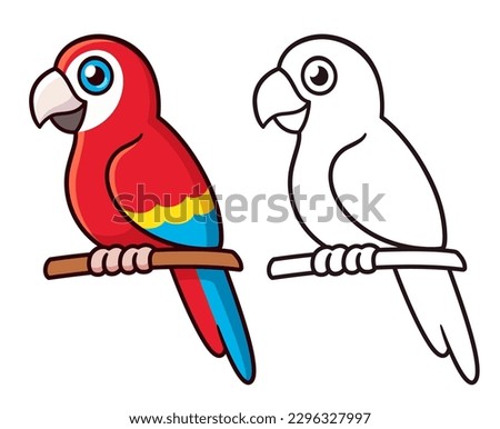 Cute cartoon scarlet macaw parrot drawing. Colorful red bird and black and white line art. Simple vector clip art illustration.
