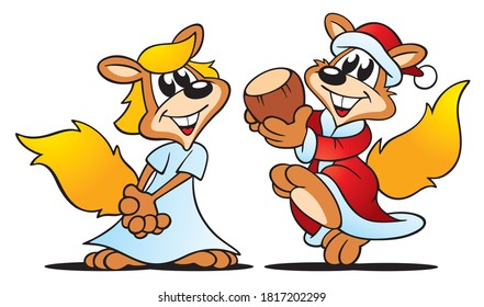 a cute cartoon scene with a christmas costumed couple of squirrels, the male hand over a hazel nut as a christmas gift to his girlfriend with love