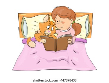 Cute cartoon scene: girl and cat in the bed reading book