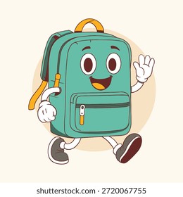 Personaje lindo de la mascota de la mochila de la escuela de dibujos animados, educación e ilustración de suministros escolares.