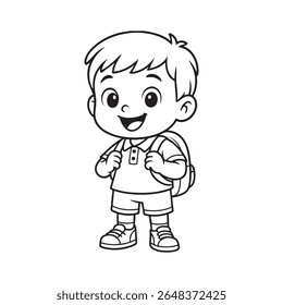 Cute Cartoon School Boy with Backpack | Black and White Outline Drawing