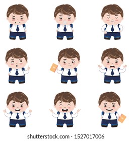 Cute cartoon school boy in different poses and expressions.