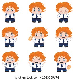 Cute cartoon school boy in different poses and expressions.