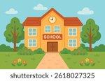 Cute cartoon school building with clock, trees, bushes and flowers in front. Flat vector illustration.
