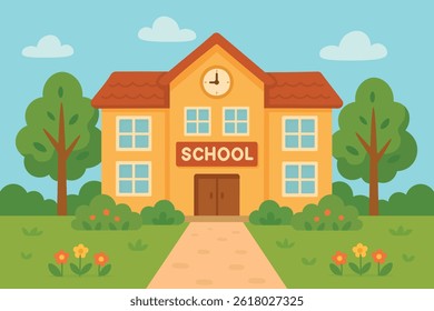 Edifício de escola de desenhos animados bonito com relógio, árvores, arbustos e flores na frente. Ilustração de vetor plano.