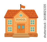 Cute cartoon school building with red roof, flag and stairs. Flat vector illustration.