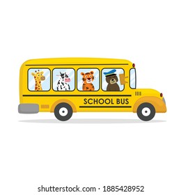 cute cartoon school bus with animal giraffe, cow, tiger and bear