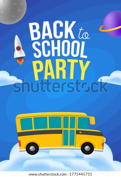 Cute cartoon\
school bus with color. Cloud space background. Back to school text\
sign. Vector\
illustration.