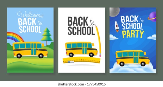 Cute cartoon school bus poster template set. Back to school text sign. Color background. Vector illustration.