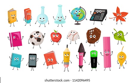 Cute cartoon school characters collection. Vector illustration of school objects isolated on white background. Back to school funny smileys.