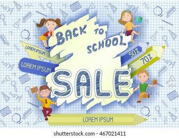 Cute cartoon school kids. Back to school sale concept, banner, poster