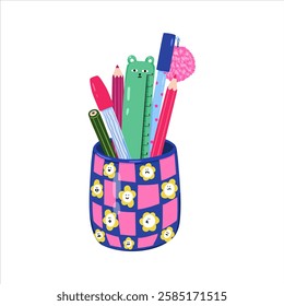 Cute cartoon School or office Cup for pens and pencils. Pen and pencils holder with flowers for kids. Bright flat vector illustration on a white background.