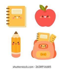 Cute cartoon school supplies vector set with smiling faces and happy expressions. 
Perfect for back-to-school designs, education graphics, and kids' learning materials.