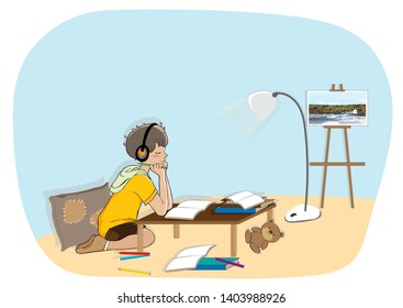 Cute cartoon of Schoolboy big headphones listening to music while doing school homework. Vector illustration of Child deep in thoughts enjoys the music