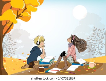 Cute cartoon of Schoolboy and girl with headphones listening to music while doing school homework under the tree. Vector of student sitting together in autumn field, friendship concept