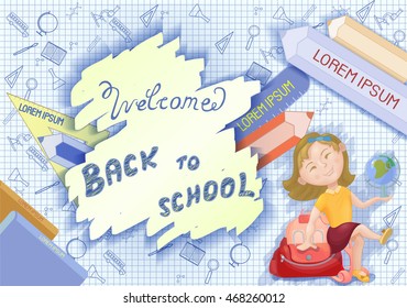 Cute cartoon schoolgirl with backpack and globe. Back to school concept, banner, poster. Vector illustration